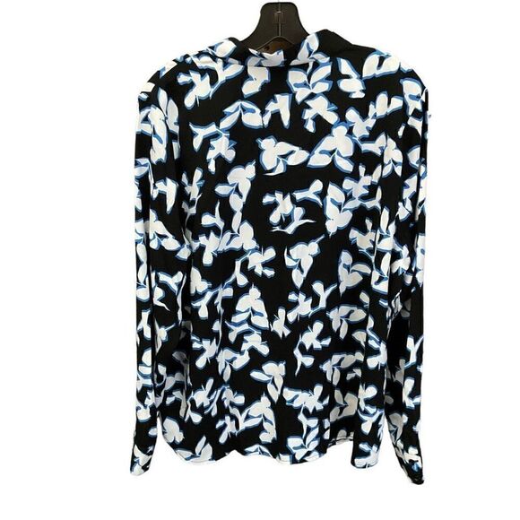 Halogen Button Down Blouse V-neck Black White Blue Floral Button Cuffs Women 2X - Picture 2 of 11